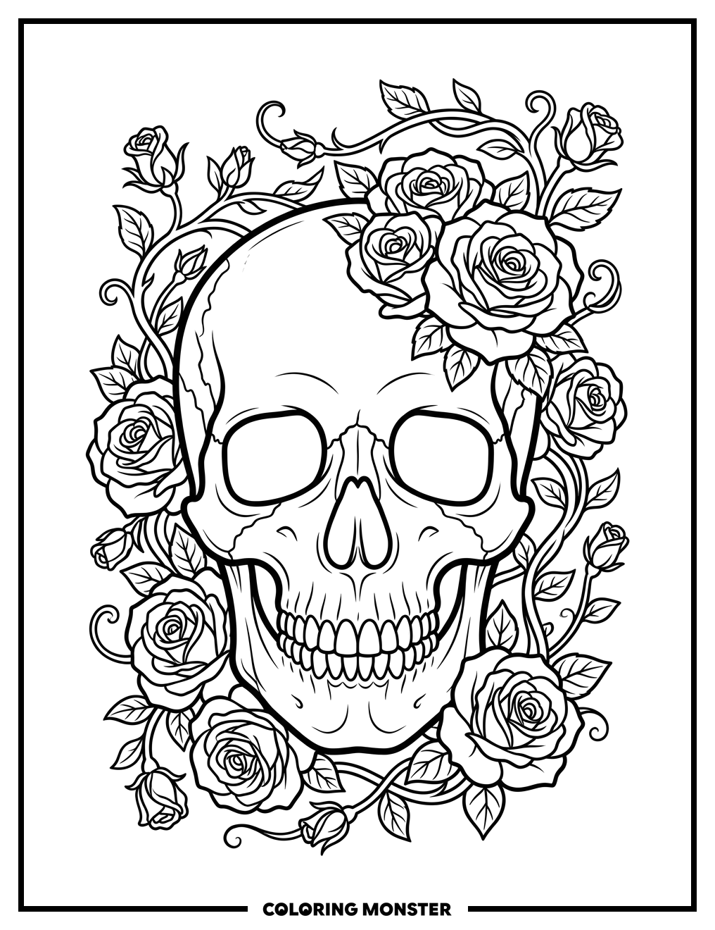 Skull With Roses and Vines Coloring Page