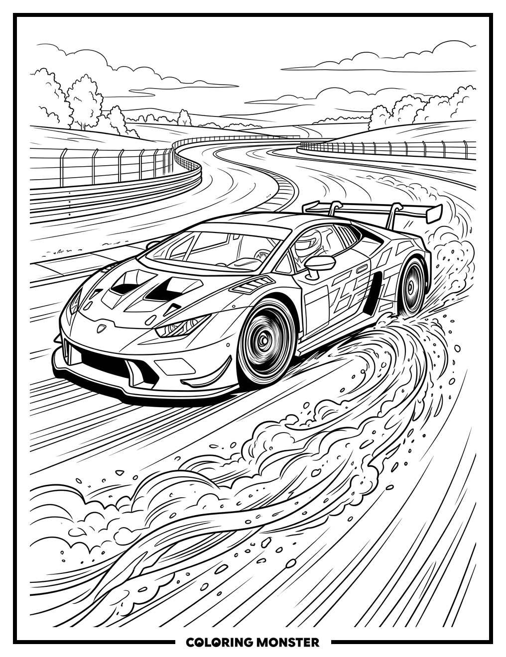 Sleek Race Car Speeds Down Track Coloring Page