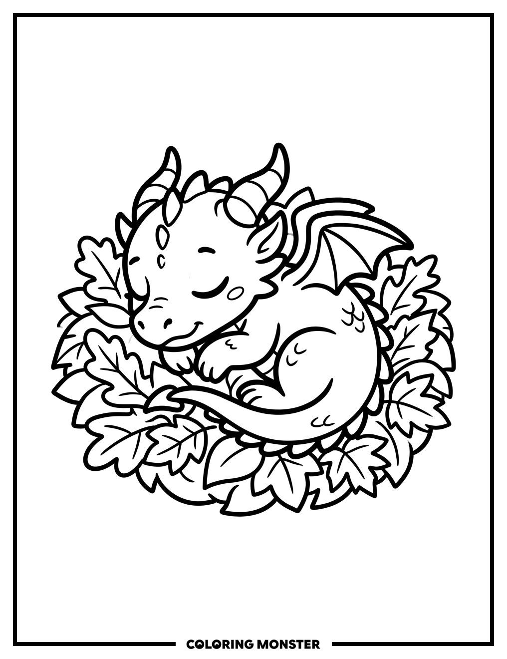 Sleeping Baby Dragon on Leaves Coloring Page