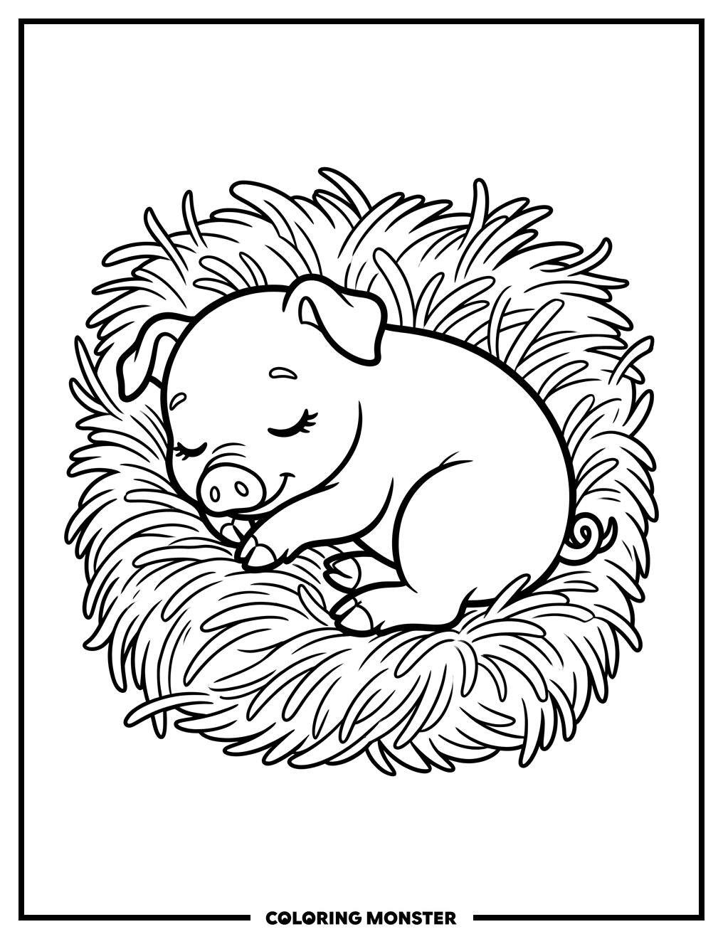 Sleeping Baby Piglet in Straw Coloring Page