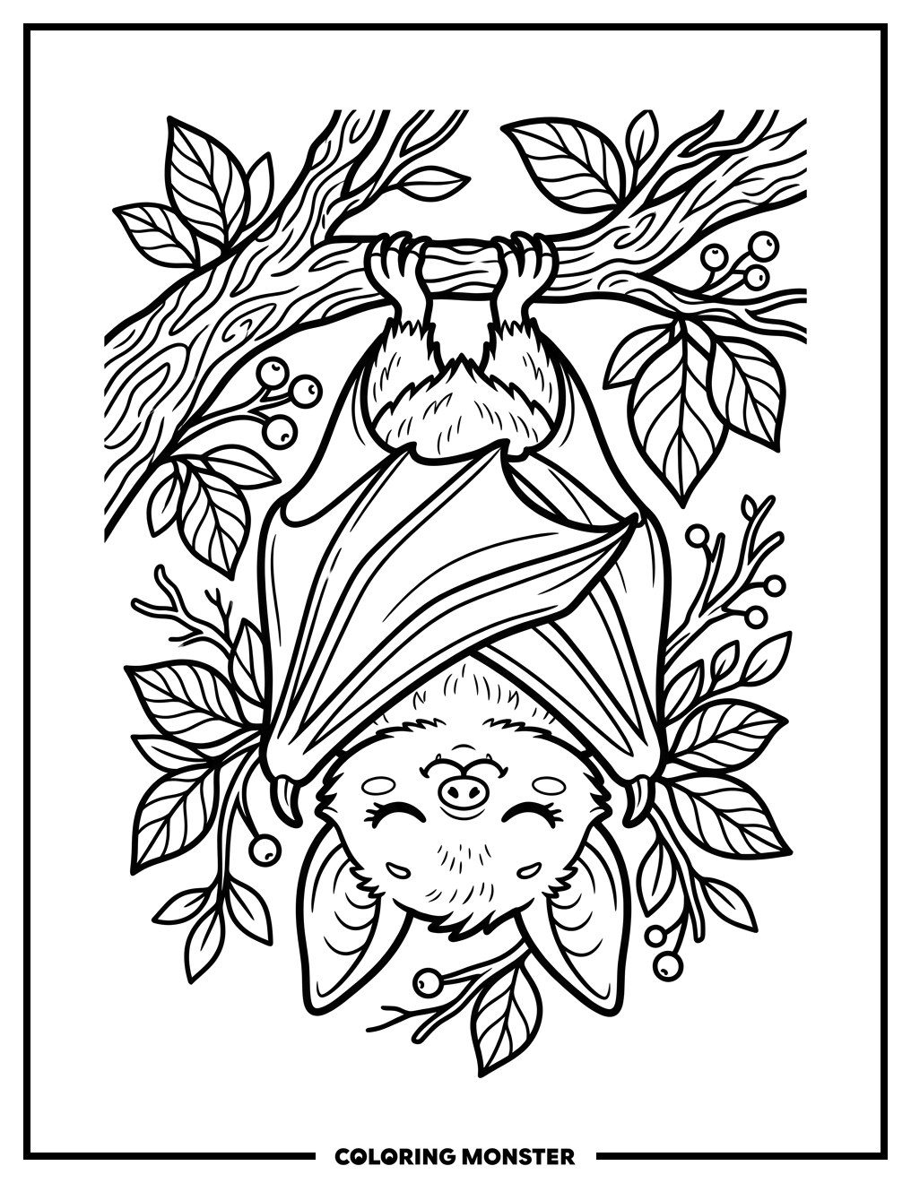 Sleeping Bat Hanging Upside Down Coloring Page