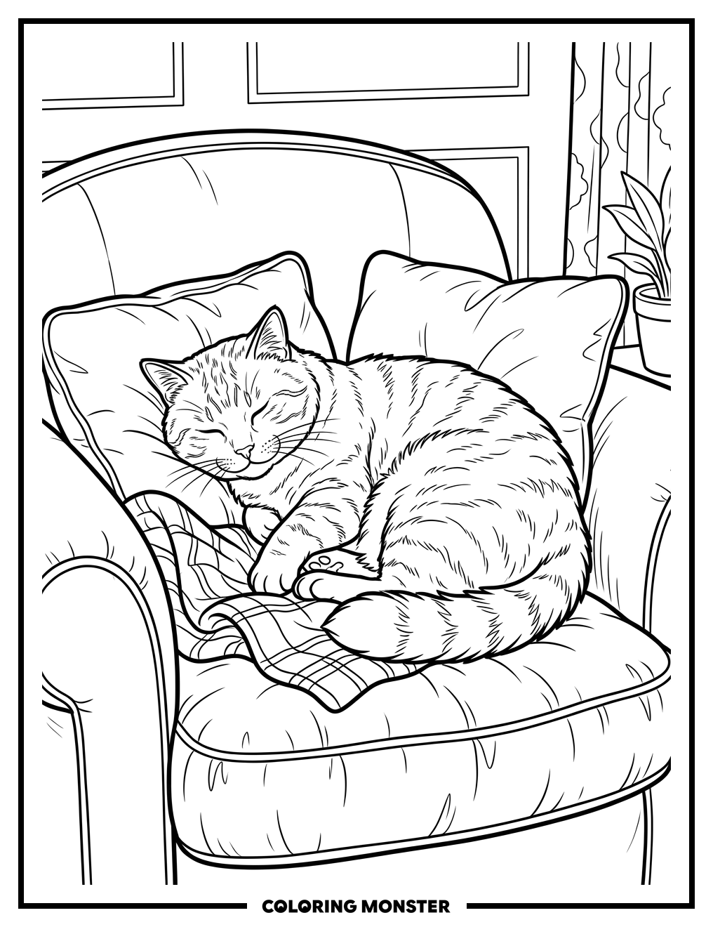 Sleeping Cat on Armchair Coloring Page