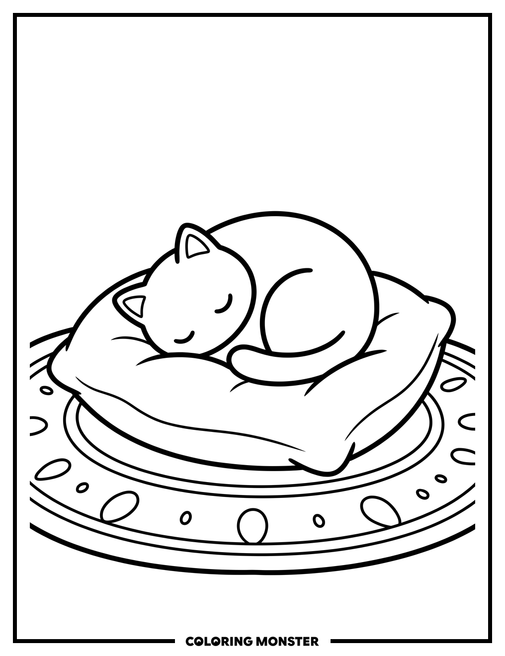 Sleeping Cat on Pillow Coloring Page