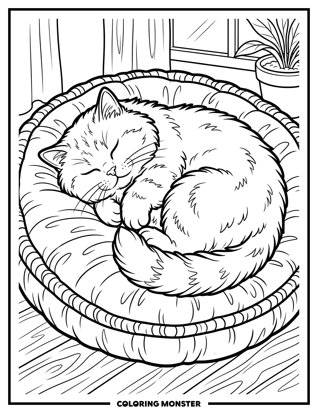 Sleeping Fluffy Cat on Cushion Coloring Page