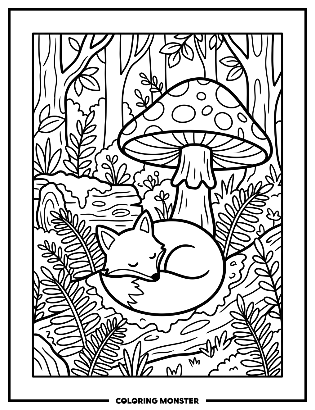 Sleeping Fox Beneath Mushroom Coloring Page