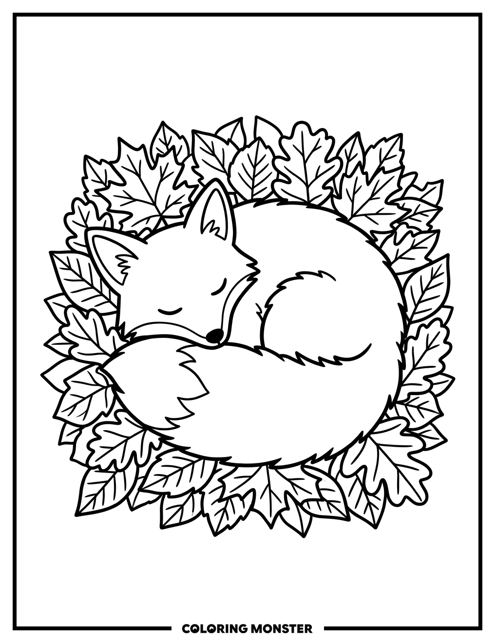 Sleeping Fox in Autumn Leaves Coloring Page