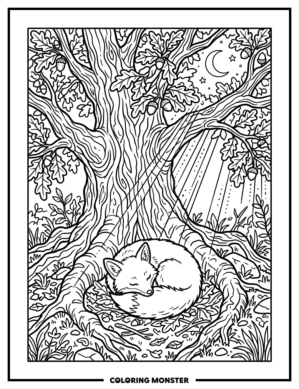 Sleeping Fox Under Moonlight Tree Coloring Page