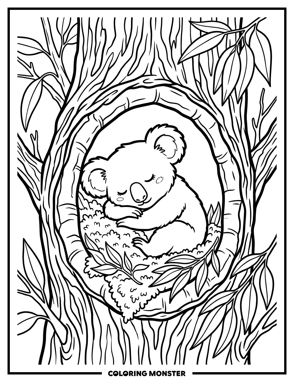Sleeping Koala in Tree Hollow Coloring Page