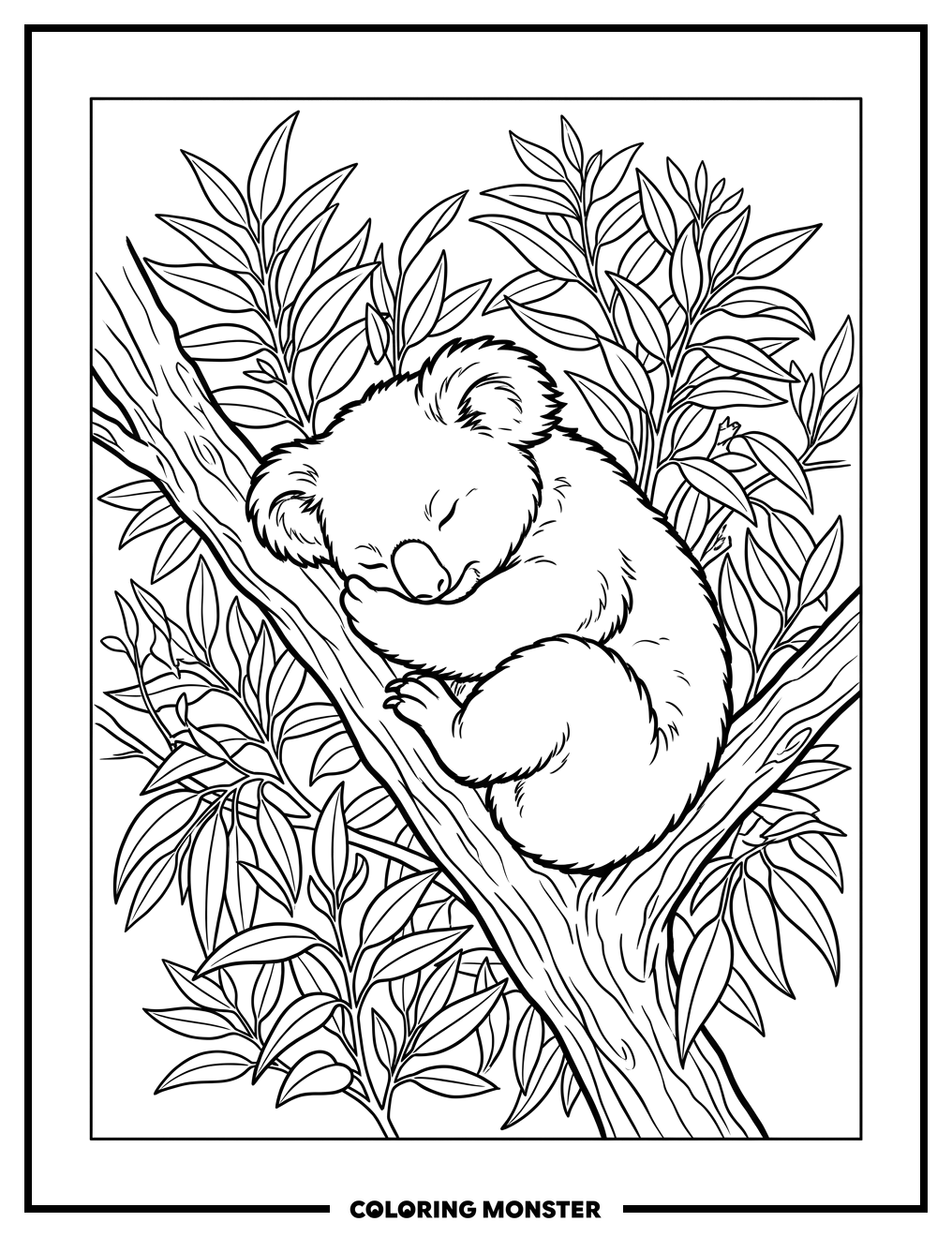 Sleeping Koala on Eucalyptus Branch Coloring Page