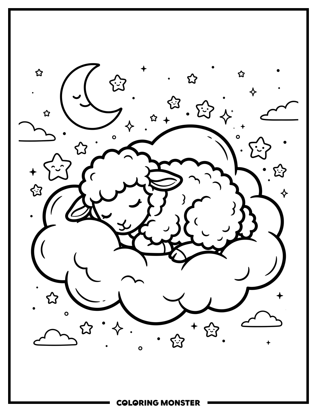 Sleeping Lamb on a Cloud Coloring Page