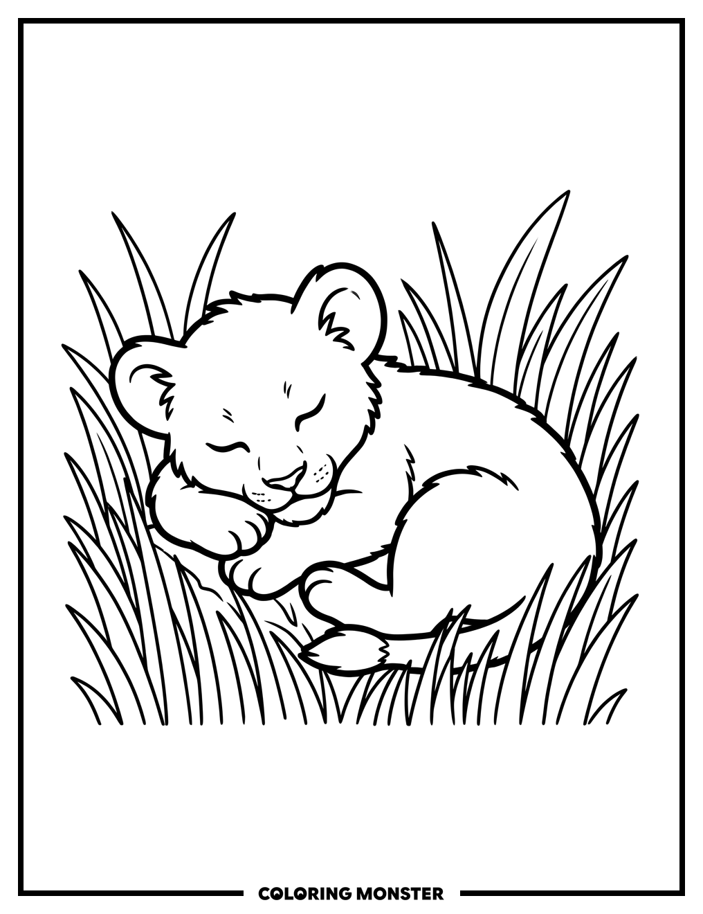 Sleeping Lion Cub in Grass Coloring Page