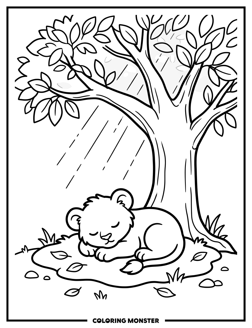 Sleeping Lion Cub Under a Tree Coloring Page