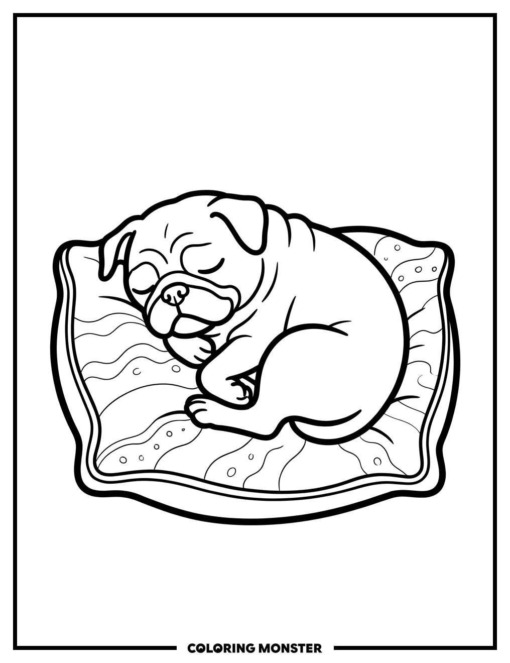 Sleeping Pug Dog on Cushion Coloring Page
