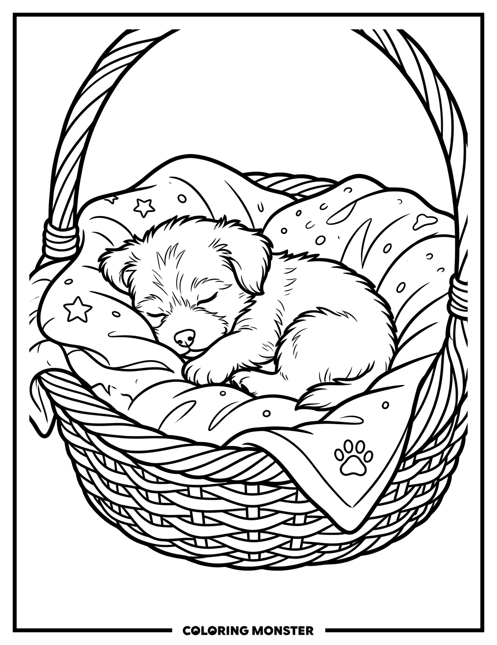 Sleeping Puppy in Cozy Basket