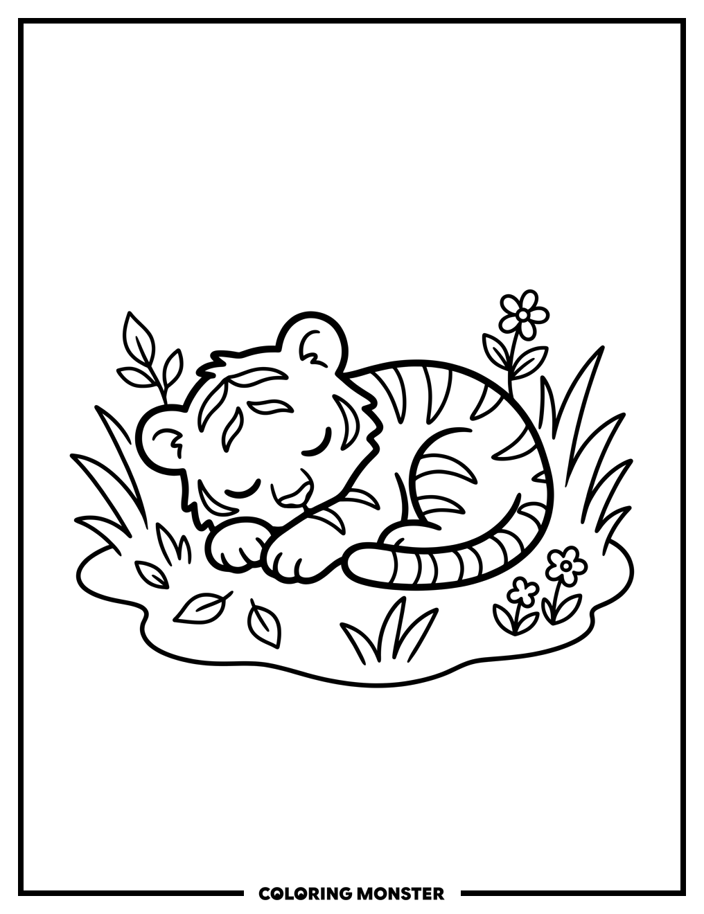 Sleeping Tiger Cub in Meadow Coloring Page