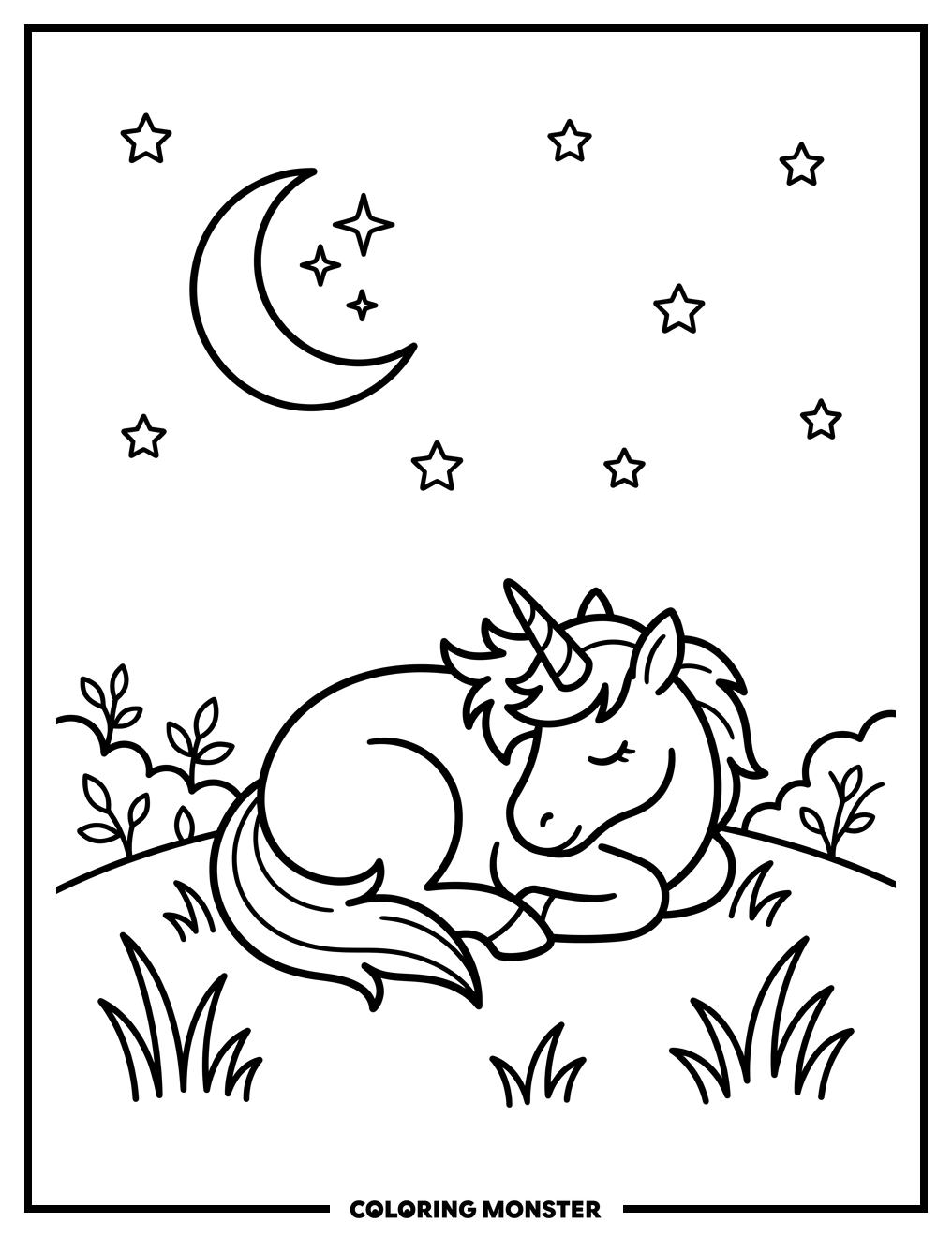 Sleeping Unicorn Under Starry Night Coloring Page