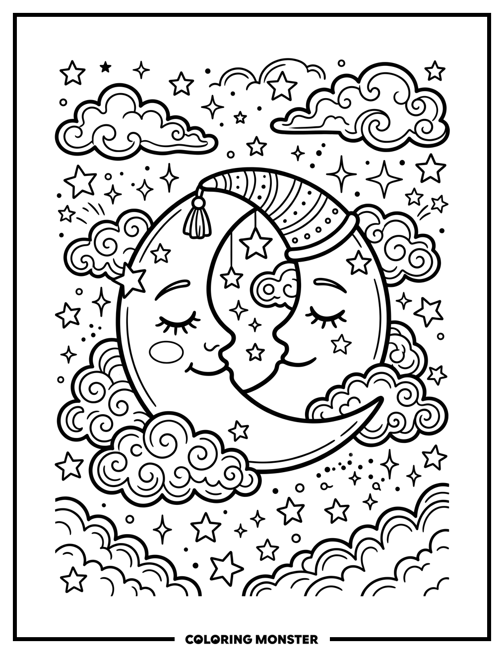 Sleepy Crescent Moon Among Stars Coloring Page