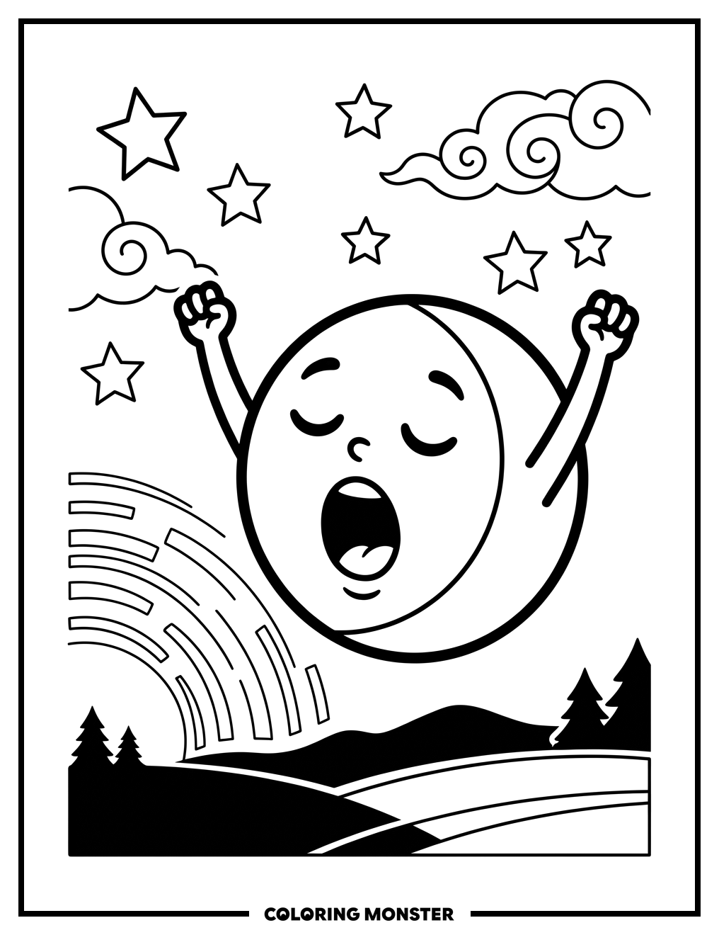 Sleepy Moon Character at Dawn Coloring Page