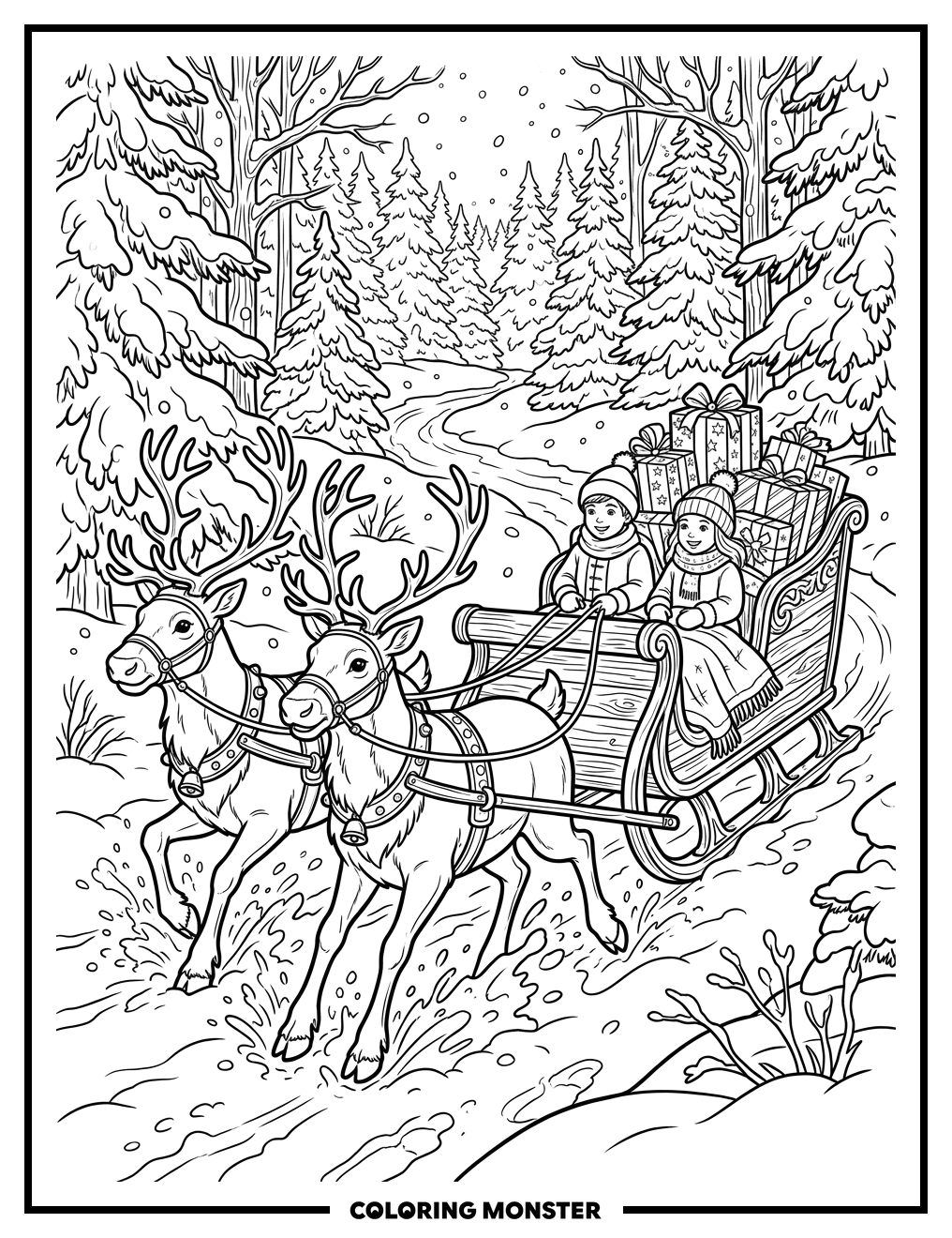 Sleigh Pulled By Reindeer In Snow Coloring Page