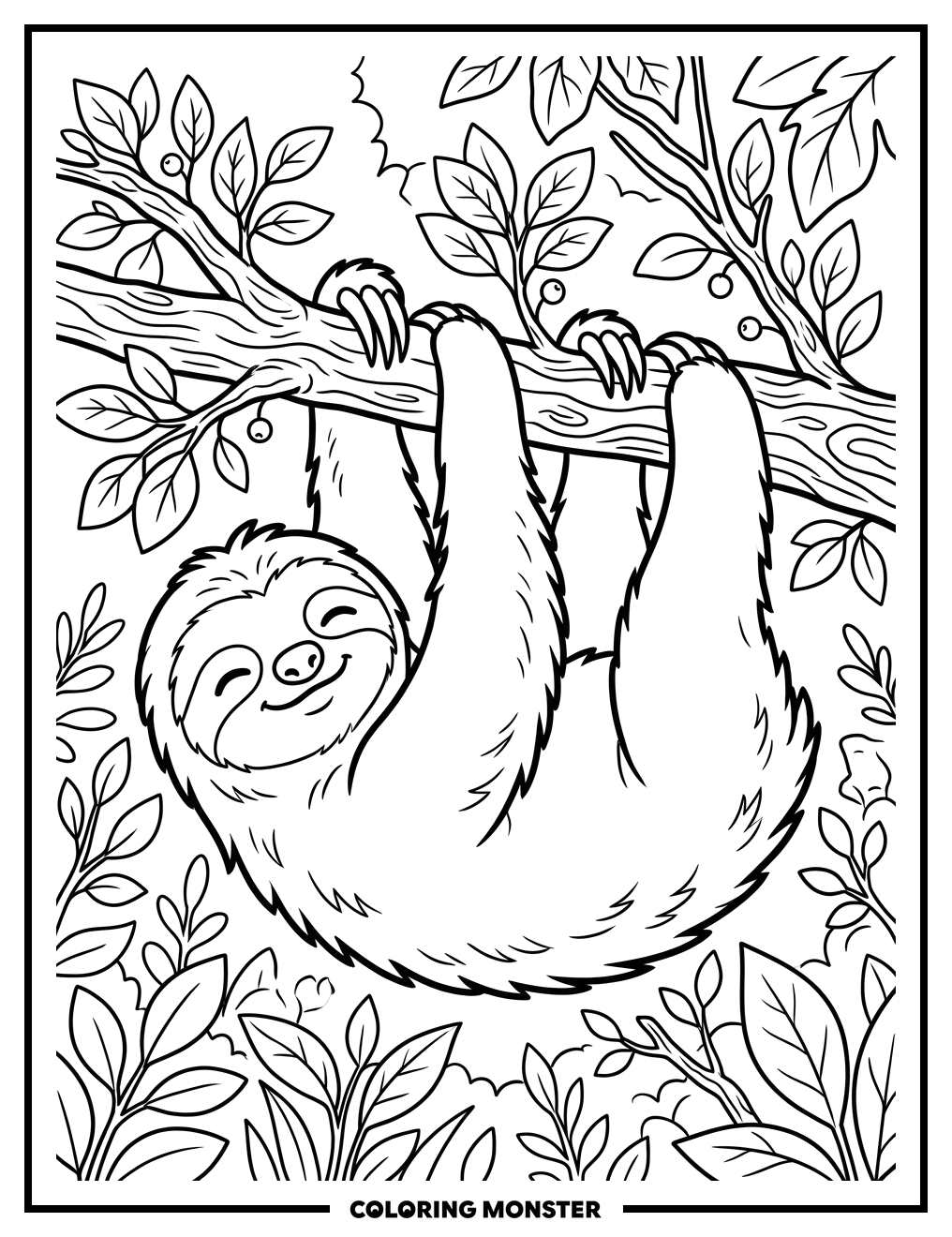 Sloth Hanging from Tree Branch Coloring Page