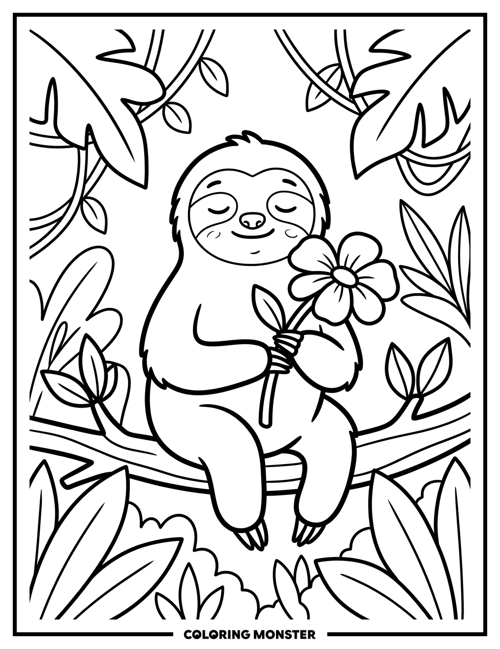 Sloth Holding a Flower Coloring Page