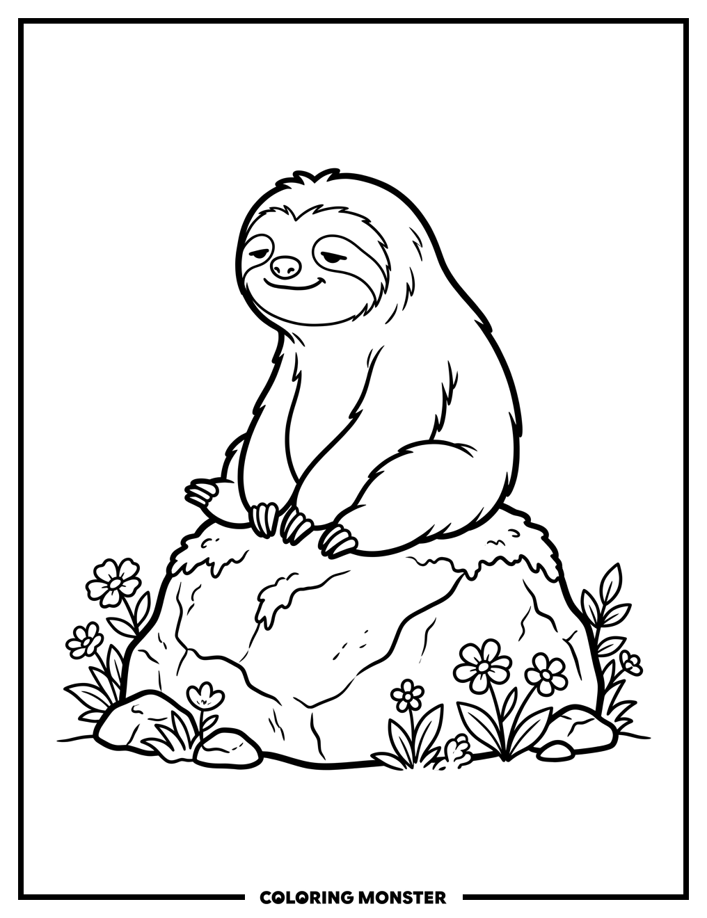 Sloth on Mossy Rock Coloring Page