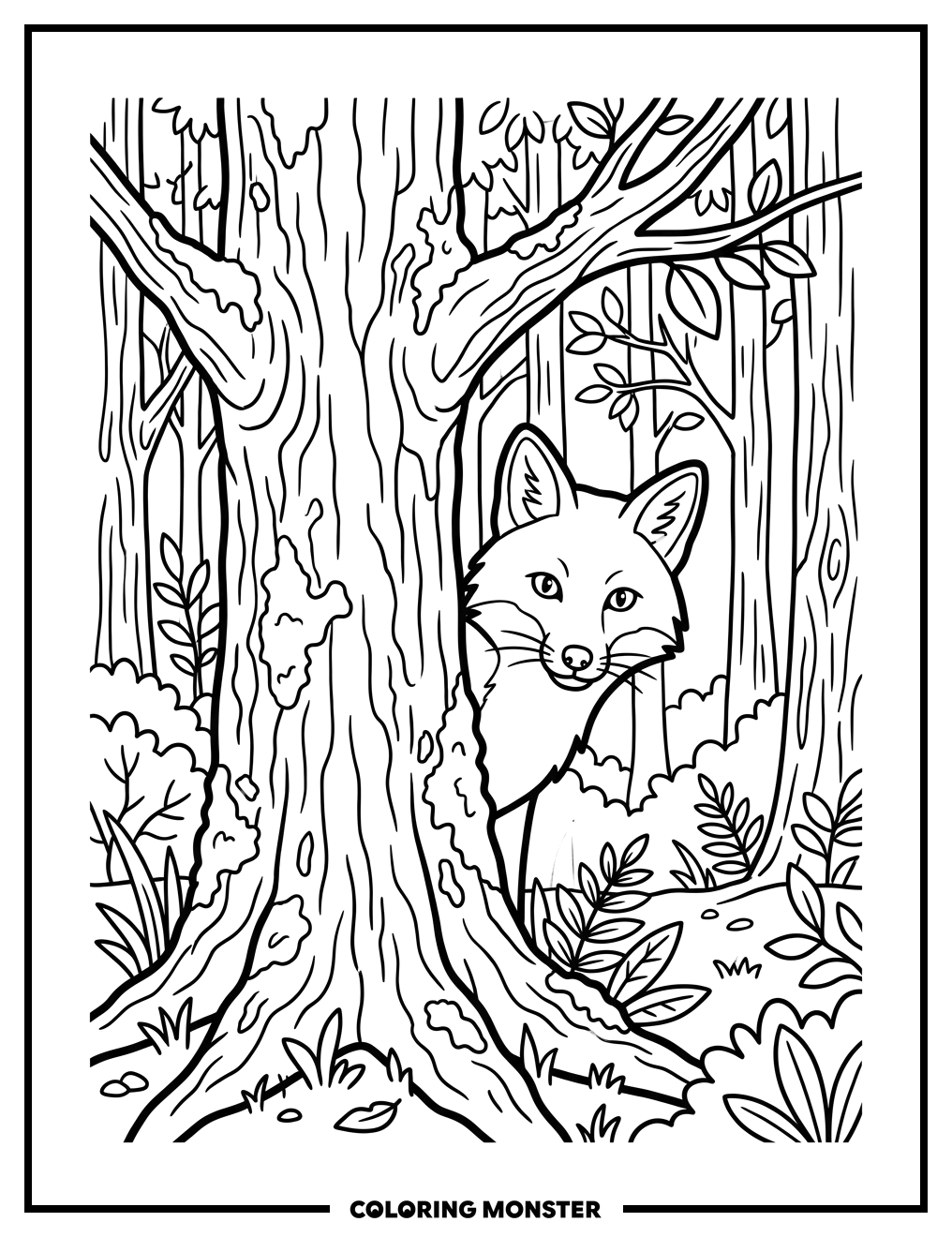Sly Fox Behind a Tree Coloring Page