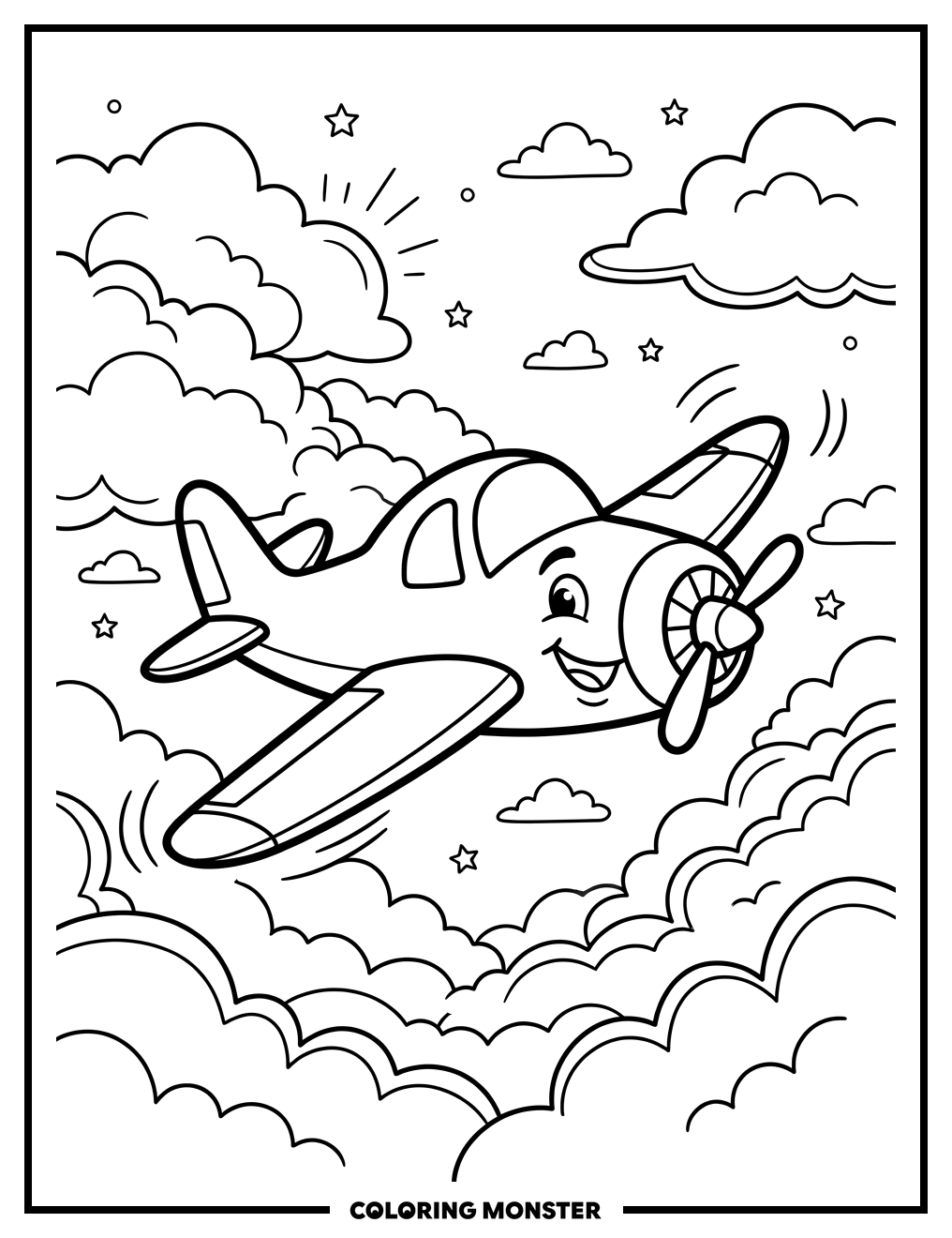 Smiling Airplane Flying Through Clouds Coloring Page