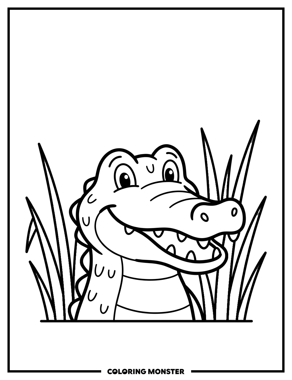 Smiling Alligator Among Reeds Coloring Page