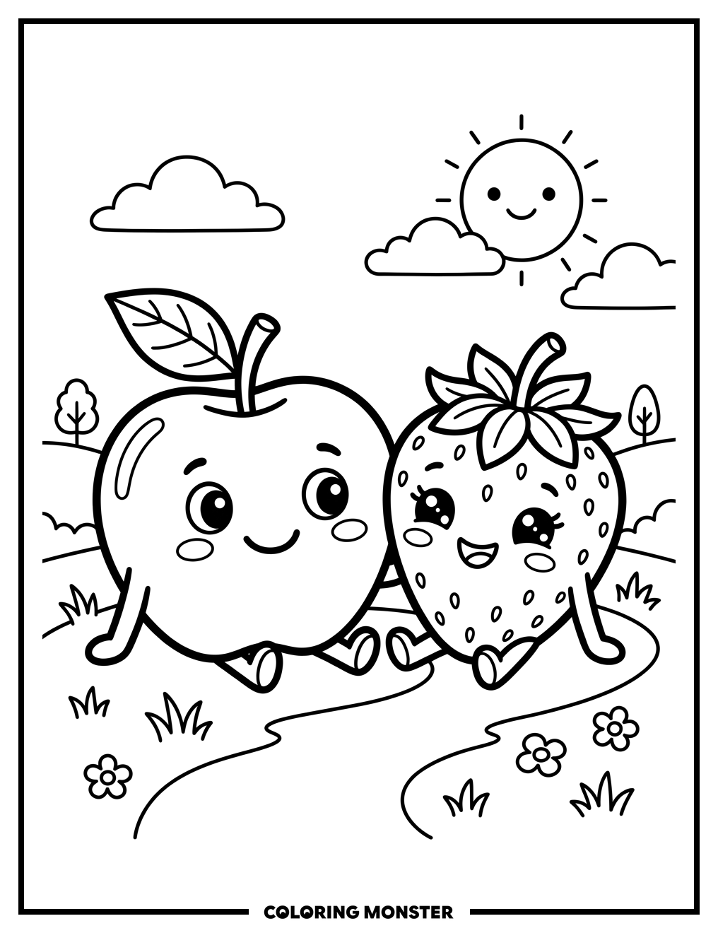 Smiling Apple and Happy Strawberry Coloring Page