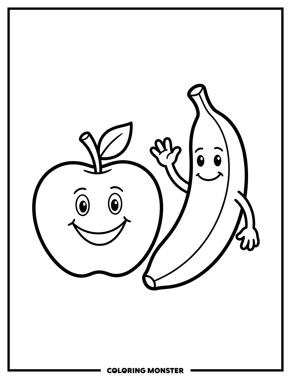 Smiling Apple and Waving Banana Coloring Page