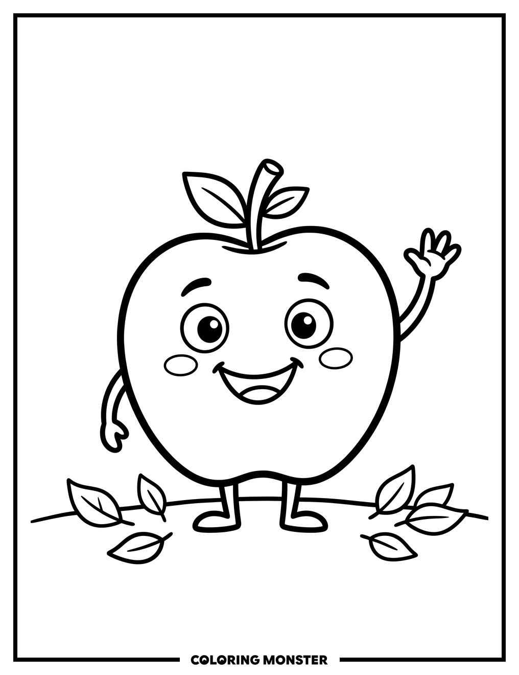 Smiling Apple Waving Hello Coloring Page