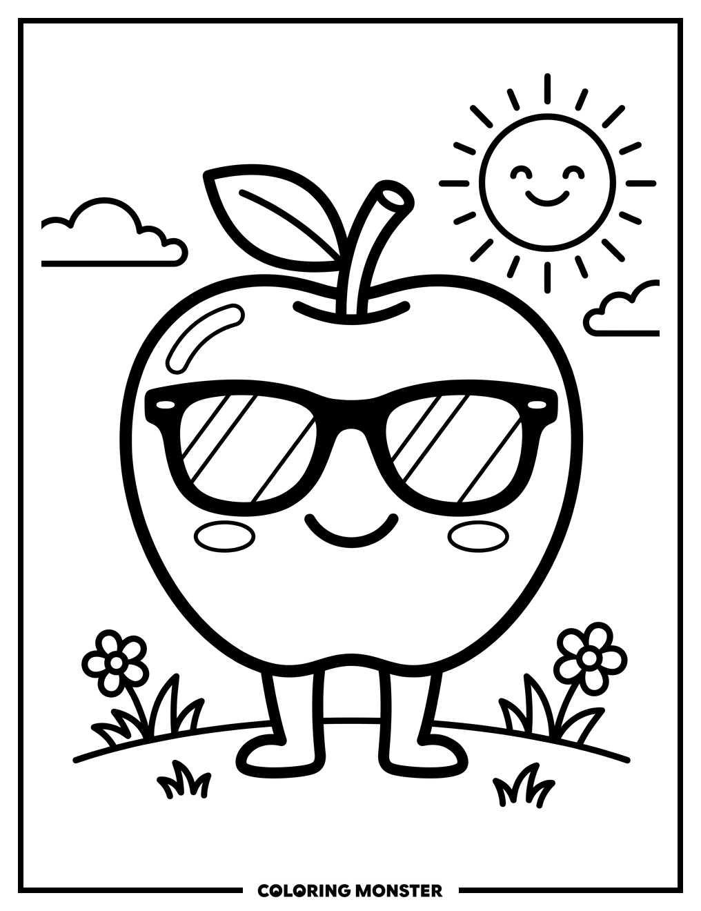 Smiling Apple Wearing Sunglasses Coloring Page