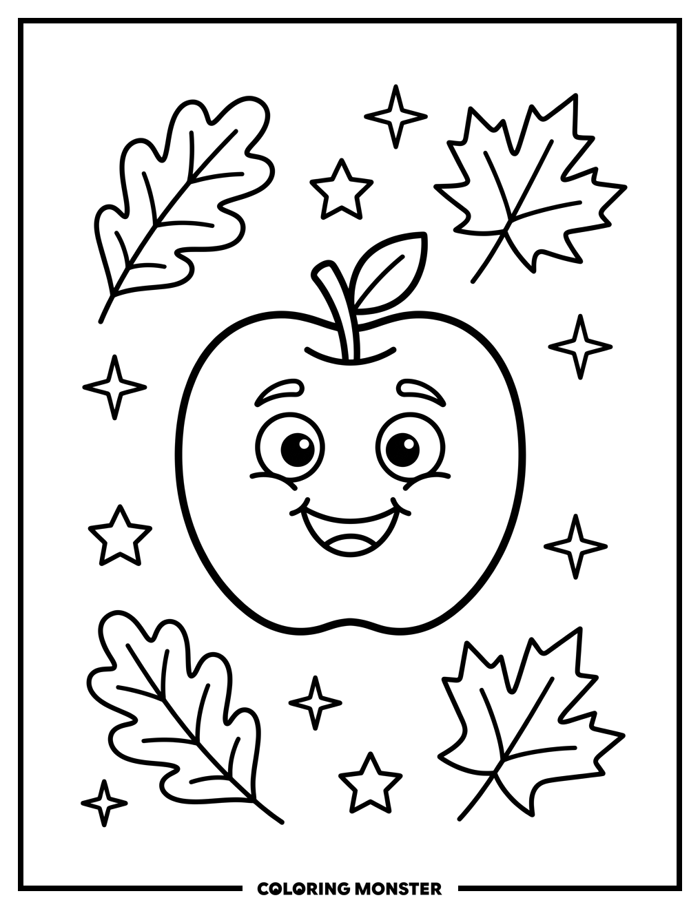Smiling Apple with Stars and Leaves Coloring Page