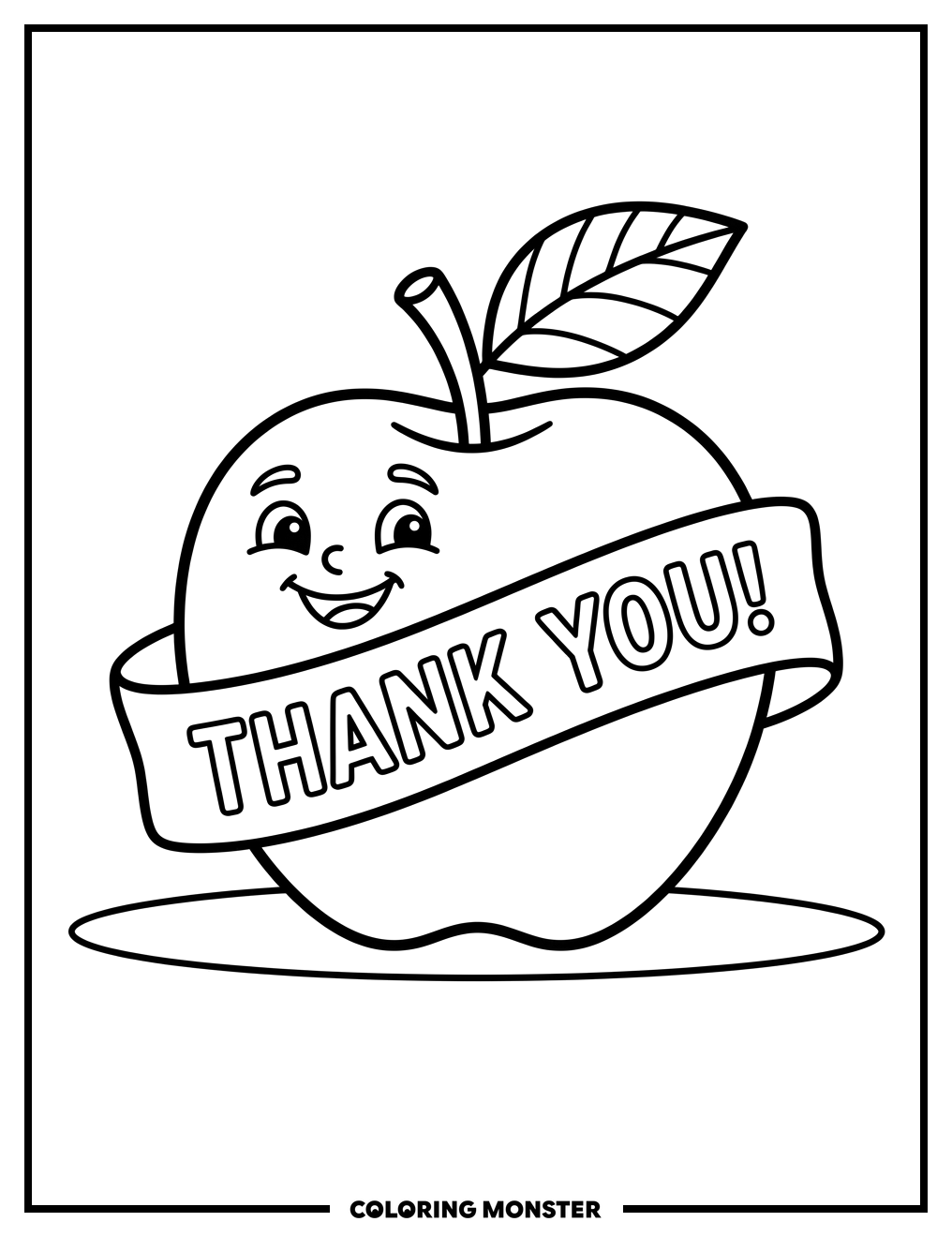 Smiling Apple With 'Thank You!' Banner Coloring Page
