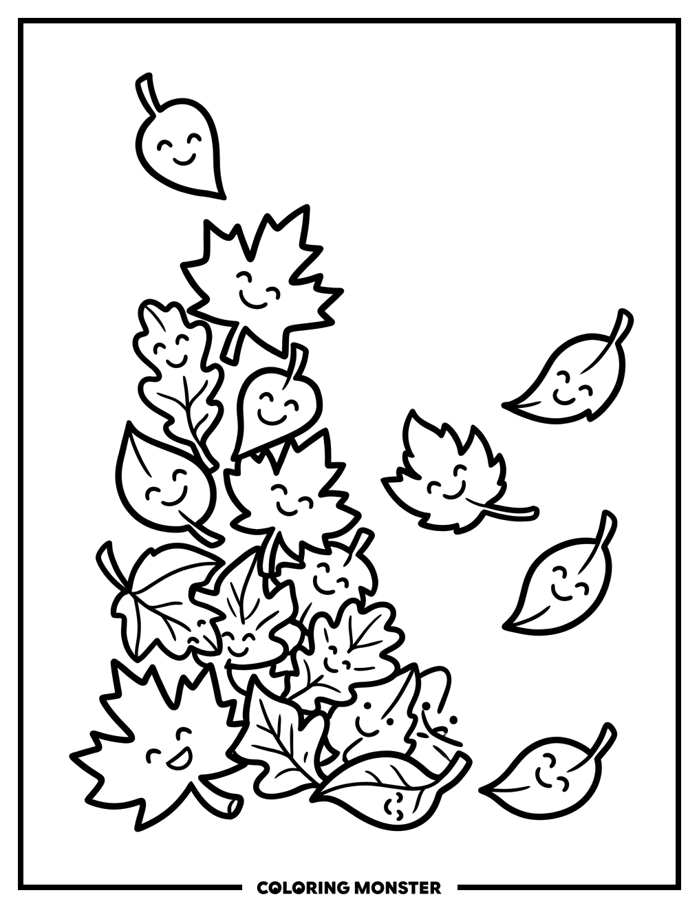 Smiling Autumn Leaves Falling Coloring Page