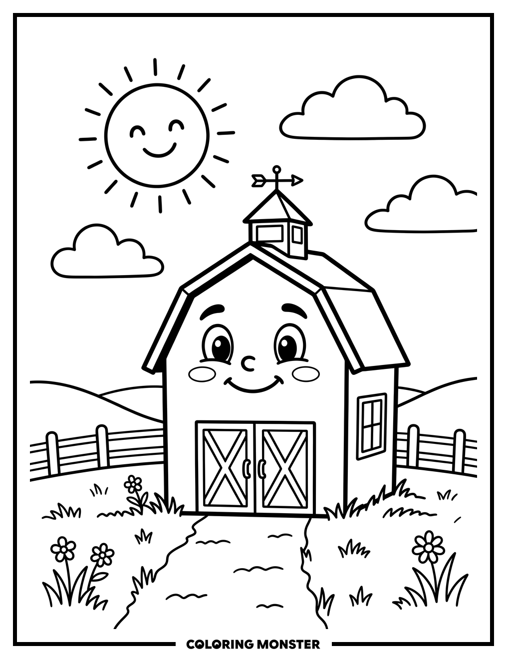 Smiling Barn in a Sunny Field Coloring Page
