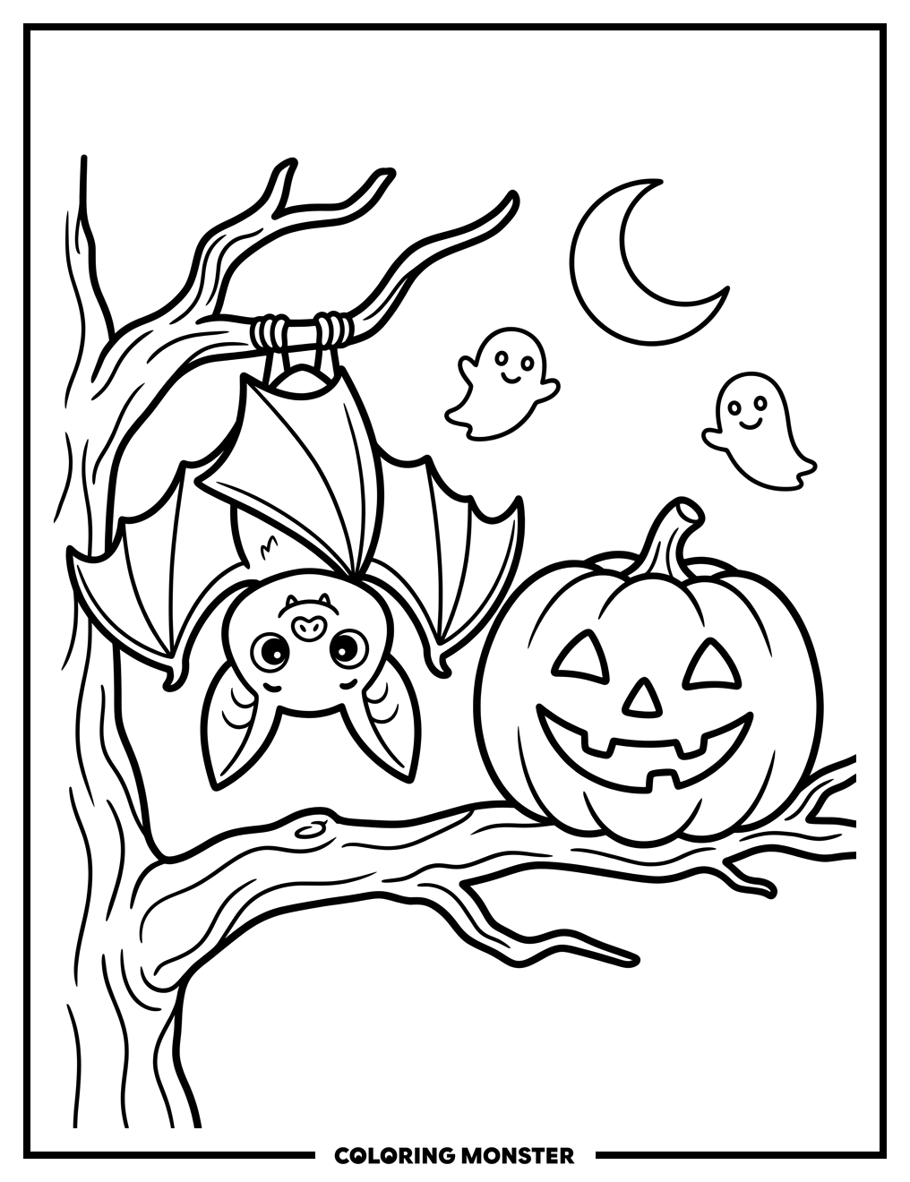 Smiling Bat and Jack-o'-Lantern Coloring Page