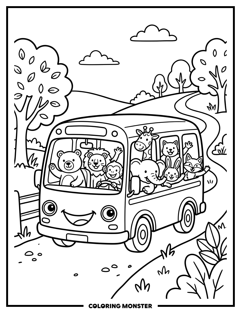 Smiling Bus Full of Animals Coloring Page