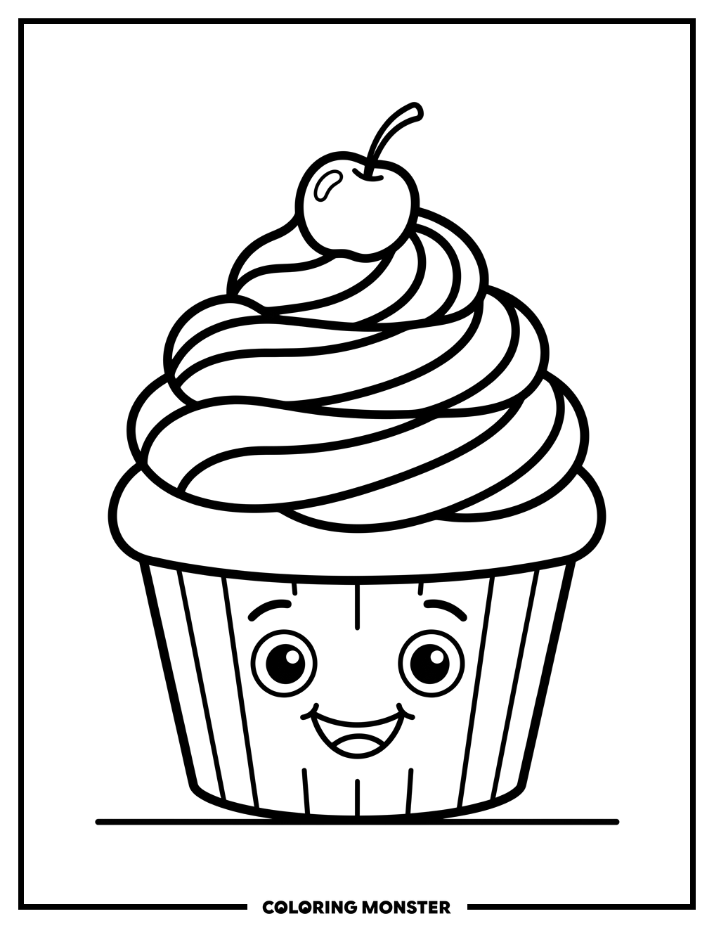 Smiling Cartoon Cupcake Coloring Page