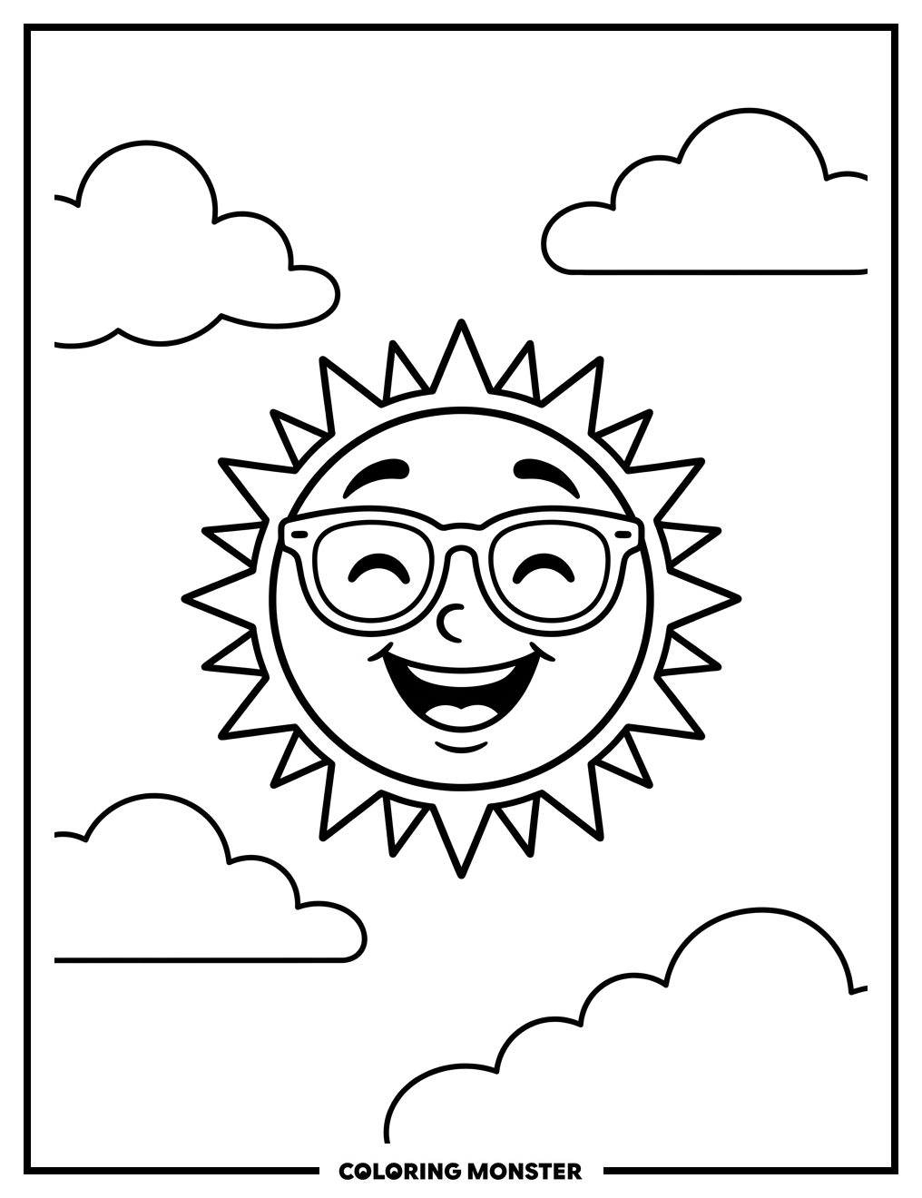 Smiling Cartoon Sun With Sunglasses Coloring Page