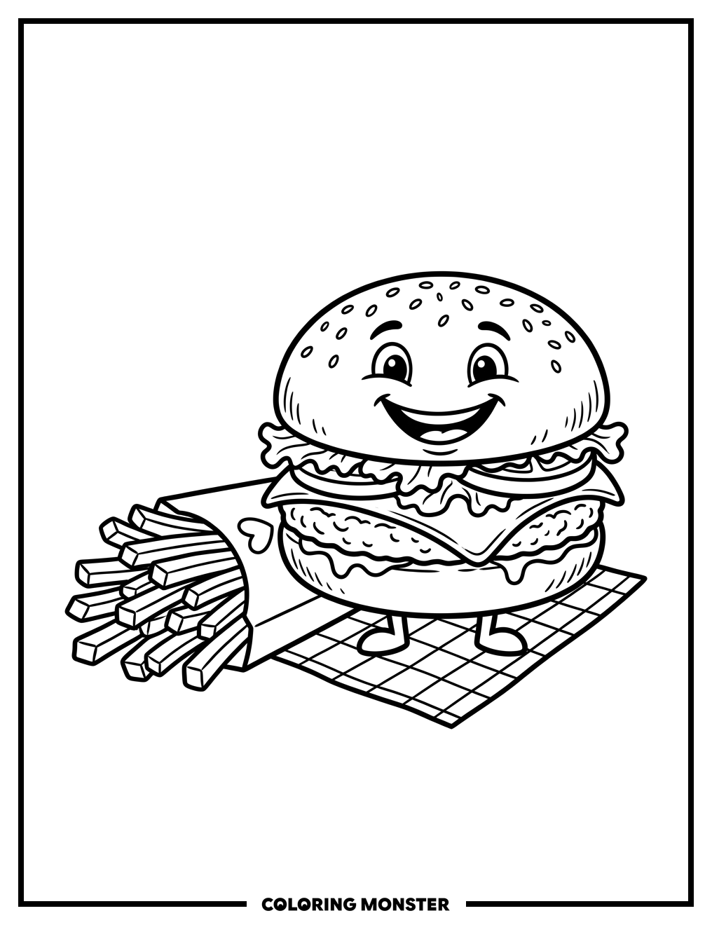 Smiling Cheeseburger With Fries Coloring Page