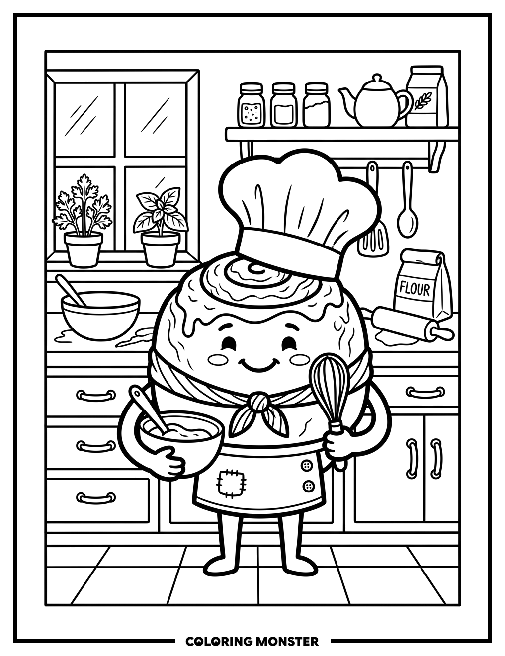Smiling Chef Cinnamon Roll Coloring Page