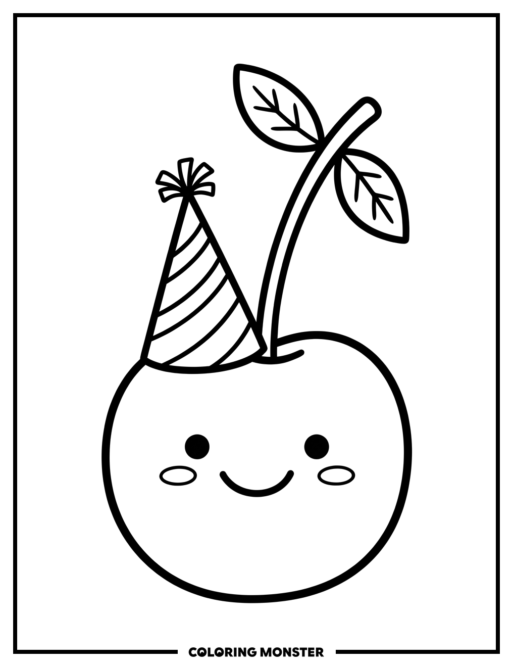 Smiling Cherry With Party Hat Coloring Page