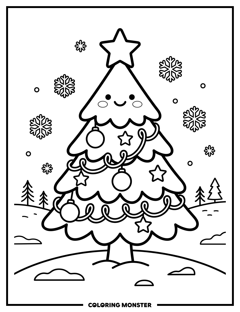 Smiling Christmas Tree in Snow Coloring Page