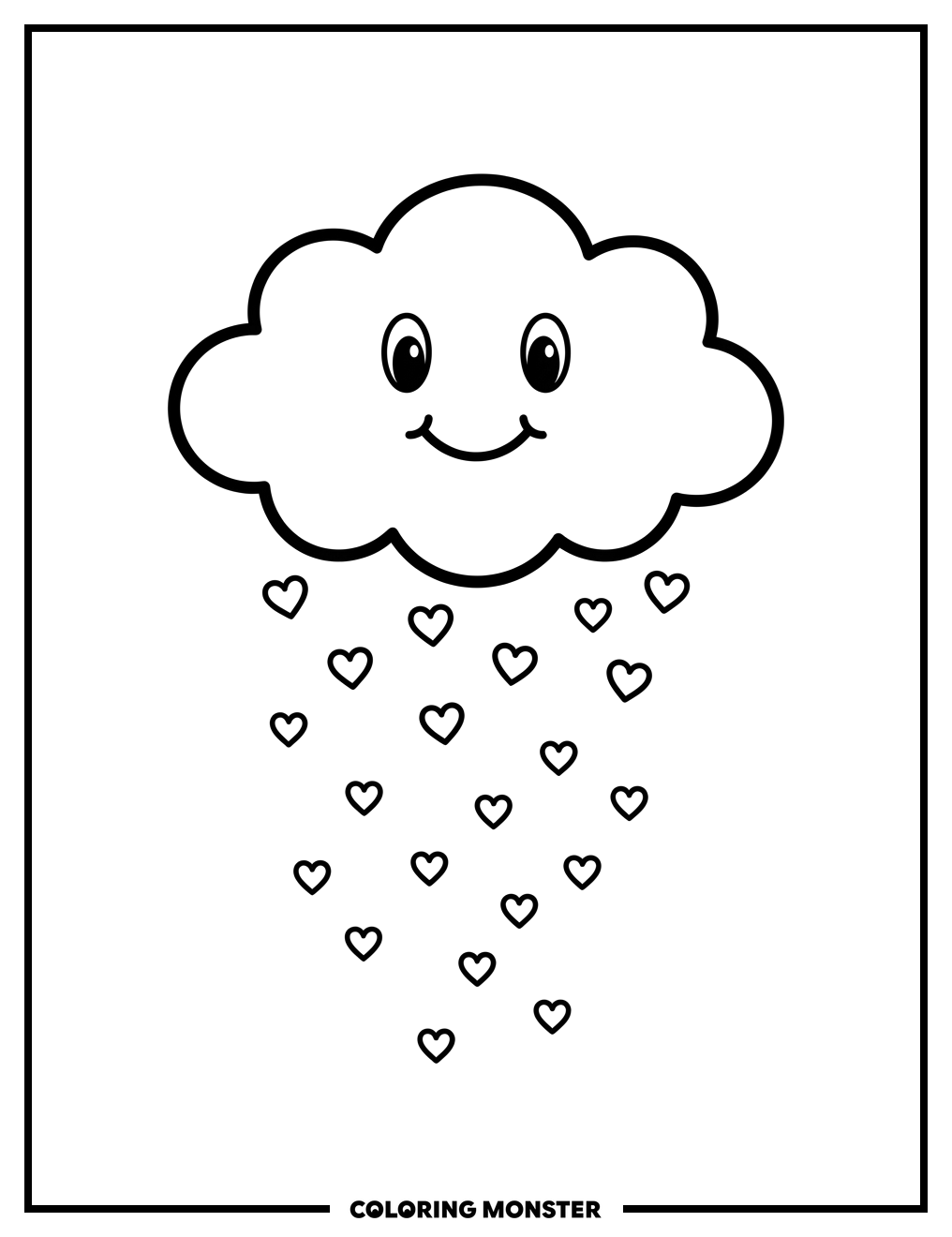 Smiling Cloud Raining Hearts Coloring Page