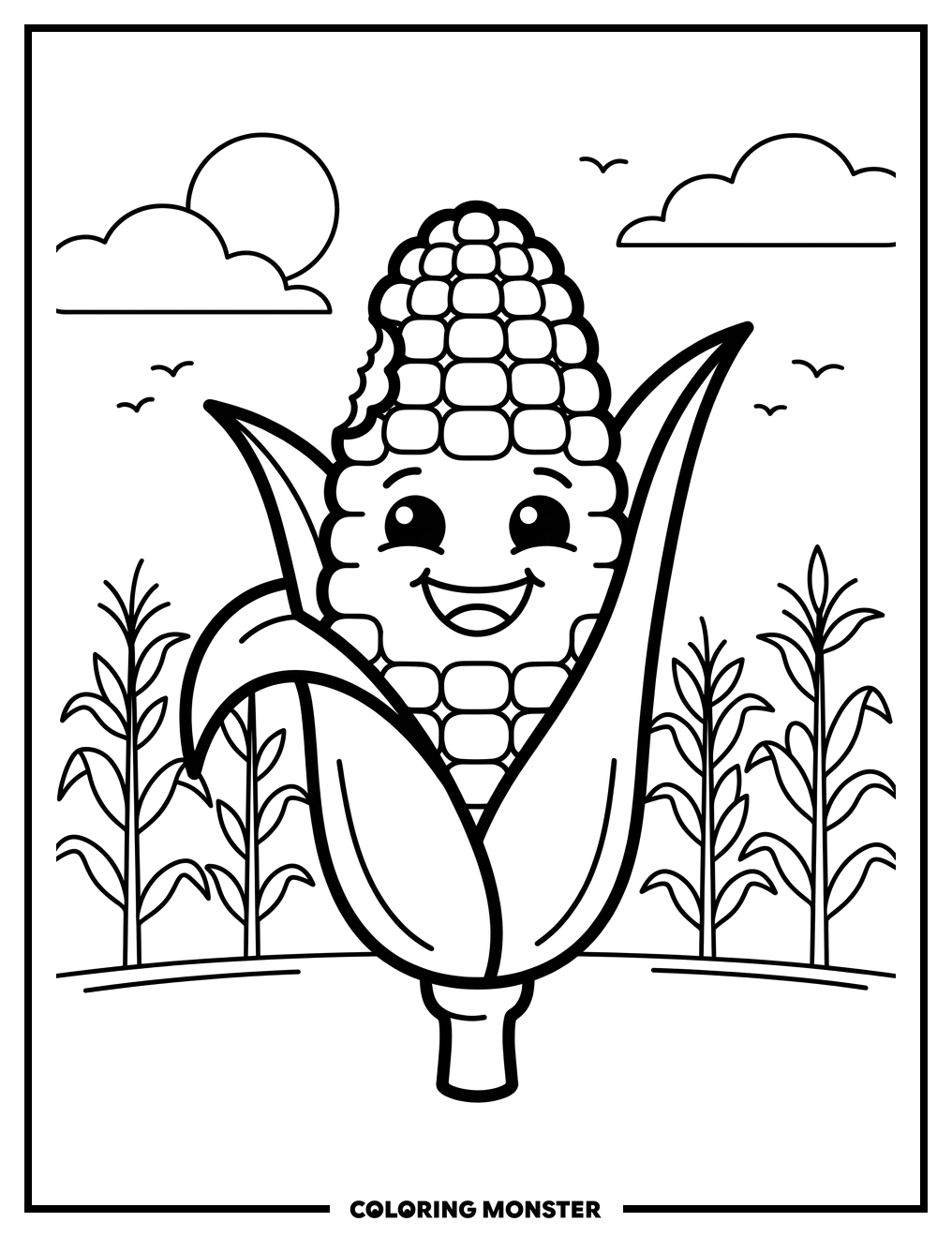 Smiling Corn Takes a Bite Coloring Page