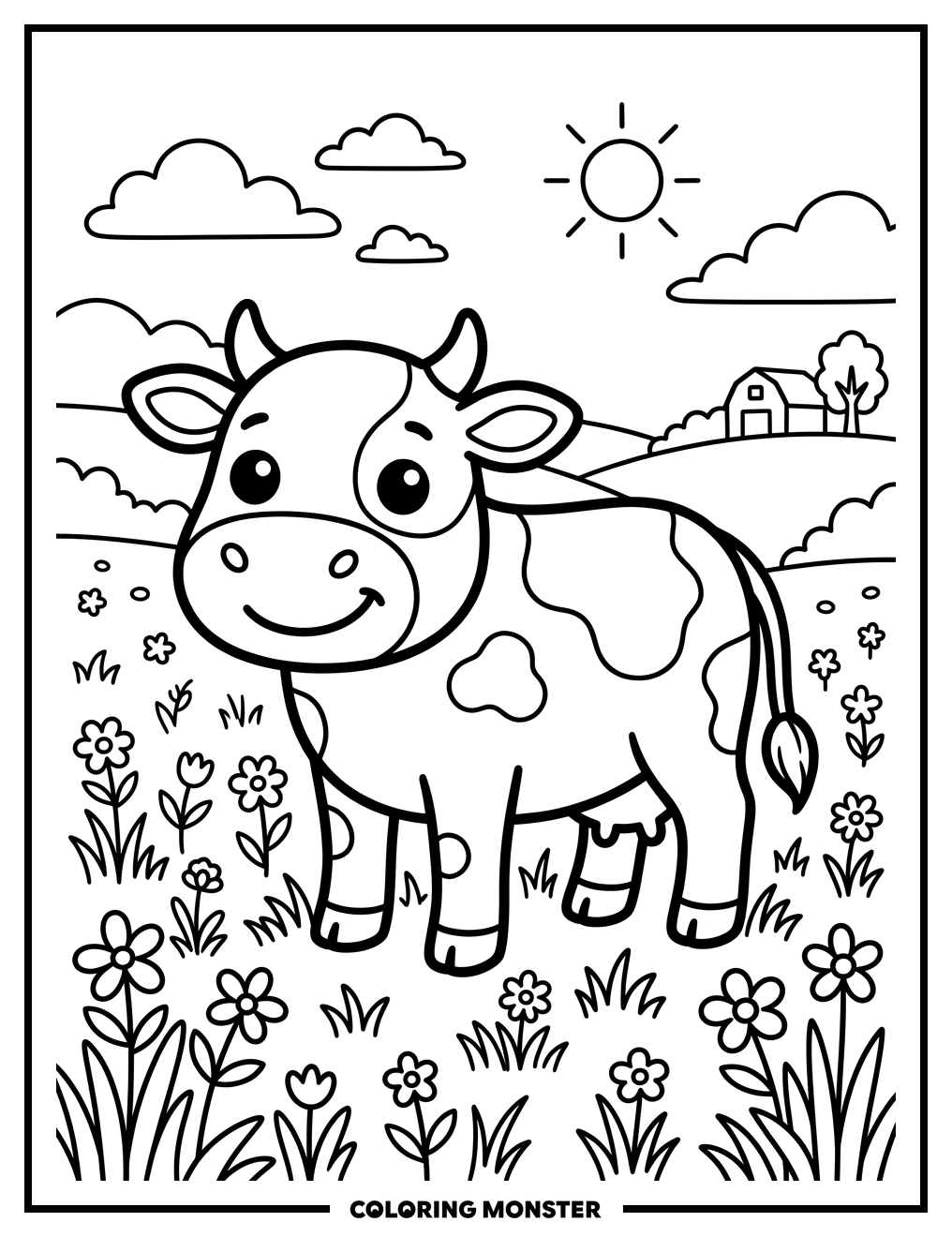 Smiling Cow in a Field Coloring Page