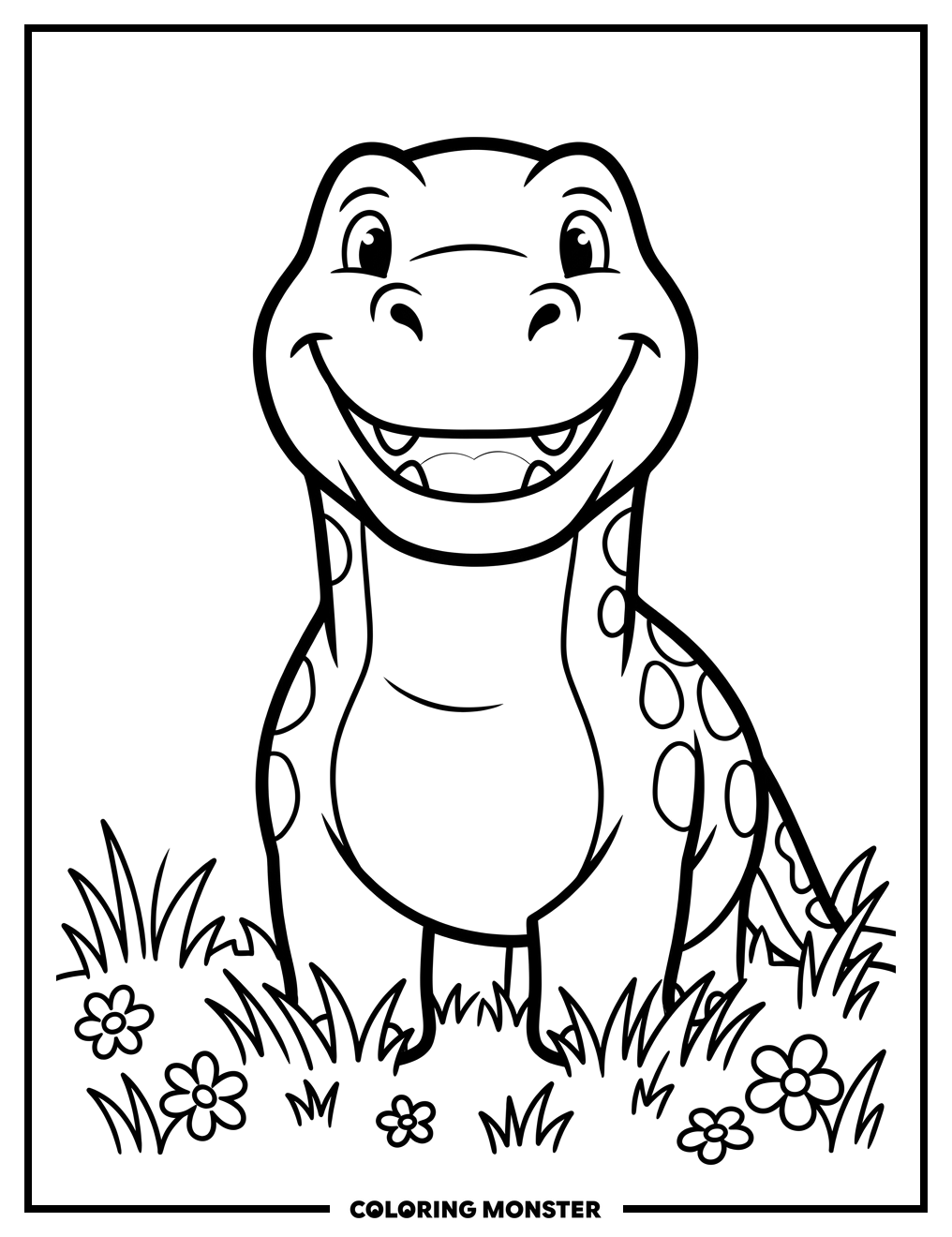 Smiling Dinosaur in Grassy Field Coloring Page