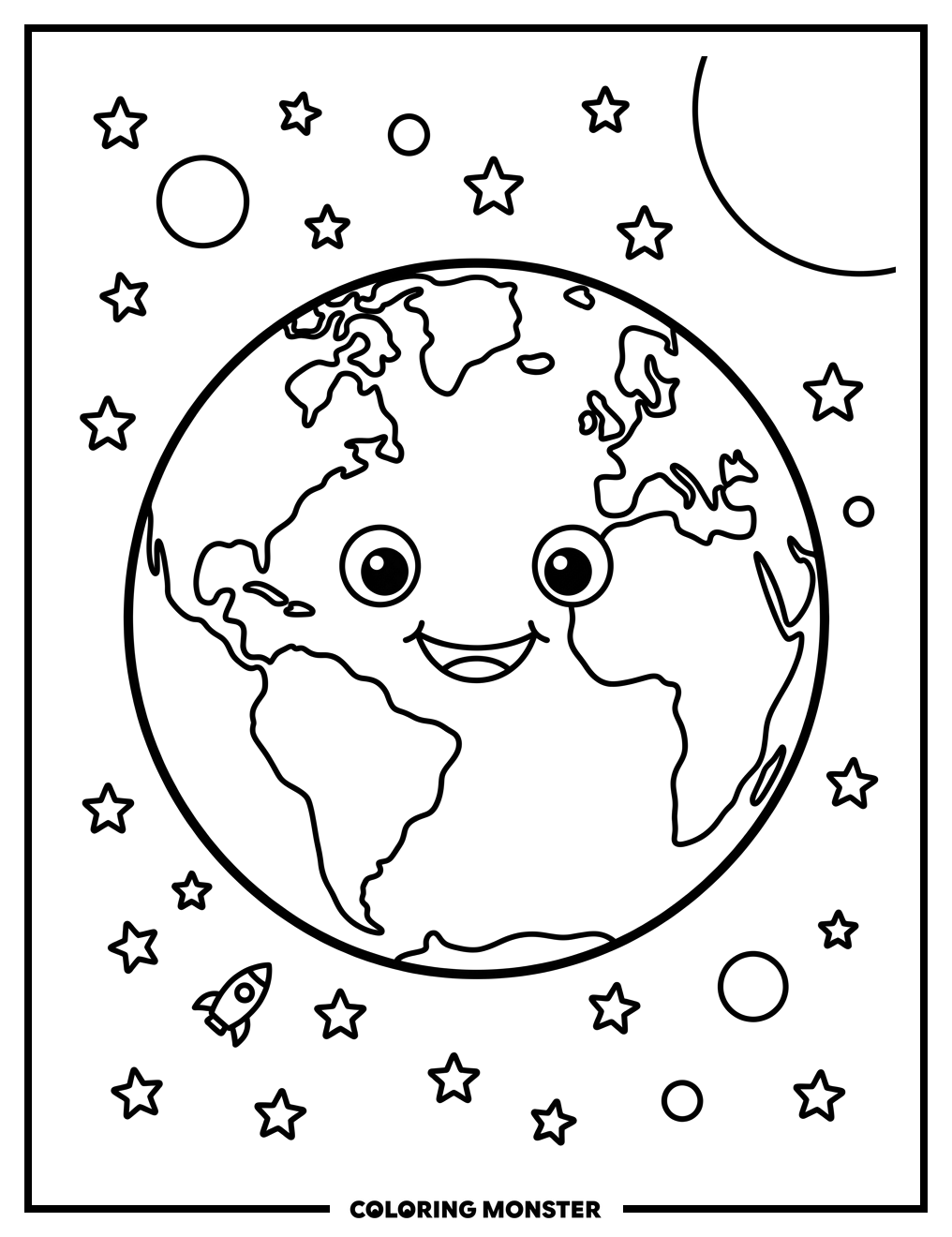 Smiling Earth Floating in Space Coloring Page